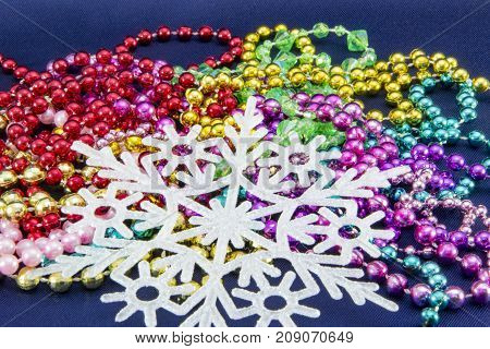 Christmas Fon. Postcard For Christmas With Red Bows, Christmas Trees, Beads And Snowflakes In A Fram