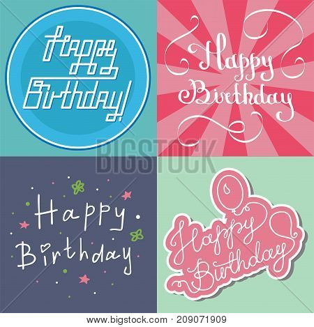 Beautiful birthday invitation card design colorful lettering poctcard vector greeting decoration strips lettering. Calligraphy text for party festive cartoon poster and celebrate present banner.