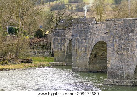 historic stone bridge at a small rural village named Oberregenbach near Langenburg in Hohenlohe a area in Southern Germany