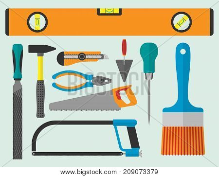 Vector various color flat design house repair instruments equipment icons construction house tools. Building renovation toolbox housework equipment illustration