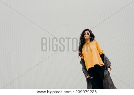 Portrait of stylish modern young curly woman in coat sunglasses