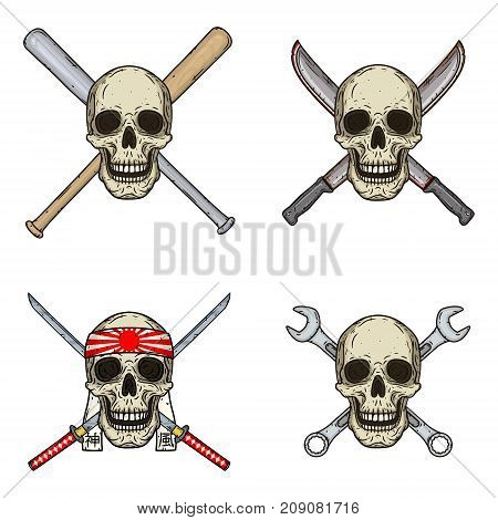 Set of four skulls with different objects. Skull with bats, wrenches, swords and machetes isolated on white background