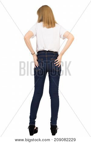 White t-shirt mockup and blue jeans skinny denim cotton slim fit concept Young asian female portrait beautiful rear view on white isolated background