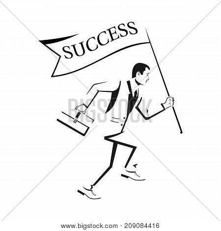 Sketch of human running with flag Success. Holding in hand flag. Business people. Concept of success. Goal achievement. Vector illustration flat design. Isolated on white background. Symbol of victory