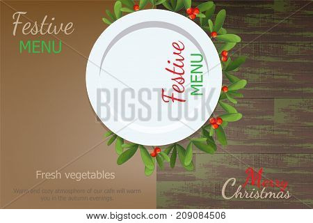 Christmas Menu For Restaurant Or Cafe. Blank Plate Is On A Wooden Table On The Branches Of Mistletoe