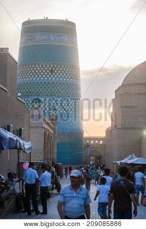 Khiva Uzbekistan - June 1 2017: Detail Of Kalta Minor Minaret In Khiva Uzbekistan.