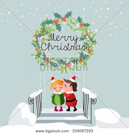 Сhristmas kiss of a little girl and boy in a Santa Claus costume under a mistletoe wreath at the door on the stairs. Christmas tradition. Vector illustration for card, background, banner
