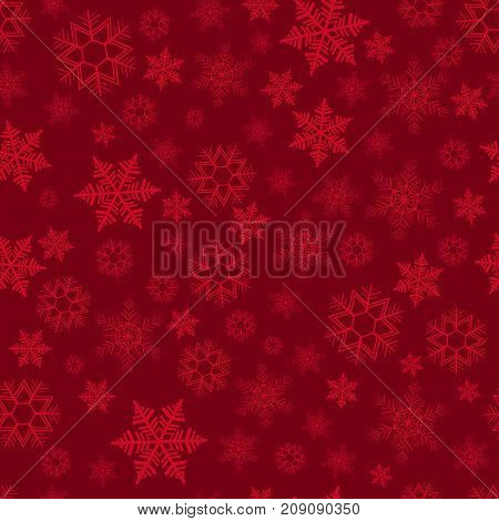 Seamless pattern with scattering of snowflakes on red background. Christmas decoration for cards banners booklets brochures leaflets. Vector illustration
