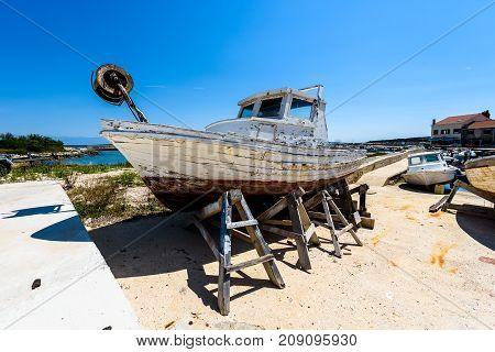Repair And Restoration Of Old Wooden Fishing Ship Or Boat.