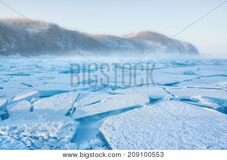 Field of ice hummocks on the frozen Lake Baikal. russia