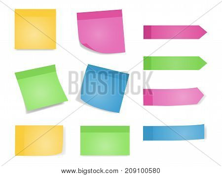 Sticky notes. Set of color sheets of note papers. Vector illustration of paper lists with different color and shadow. White background.
