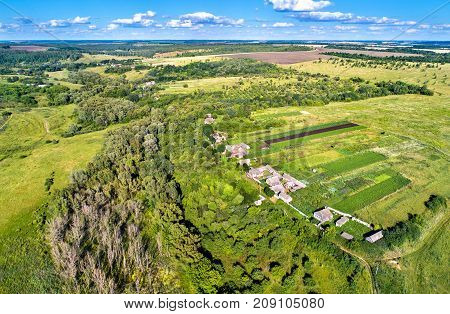 Typical aerial landscape of the Central Russian Upland. Bolshoe Gorodkovo village, Kursk region.