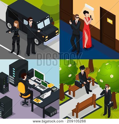 Special agent isometric concept with action in hotel, safeguard, spy on bench, professional equipment isolated vector illustration