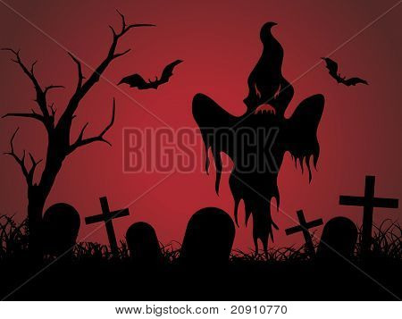 Halloween temető piros háttér, illusztráció