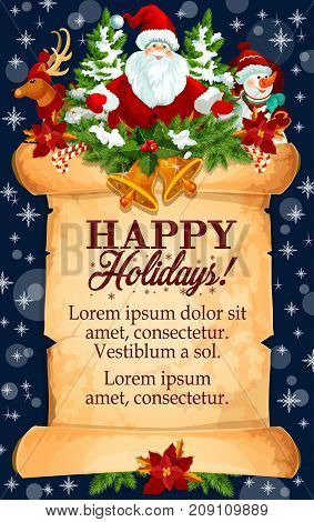 Happy Holidays greeting card template for Christmas or New Year wishes. Vector Santa gifts and Christmas tree decorations on paper scroll snowflakes background for winter season congratulation