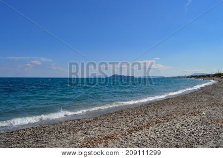 View of the pebble beach of Maleme in the north west of the island of Crete in Greece