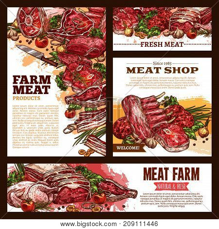 Meat fresh cut vector banner template set. Beef steak, pork ham, bacon and chop, lamb rib and sirloin brisket, chicken or turkey poultry, grill burger sketch poster for butcher shop, meat store design