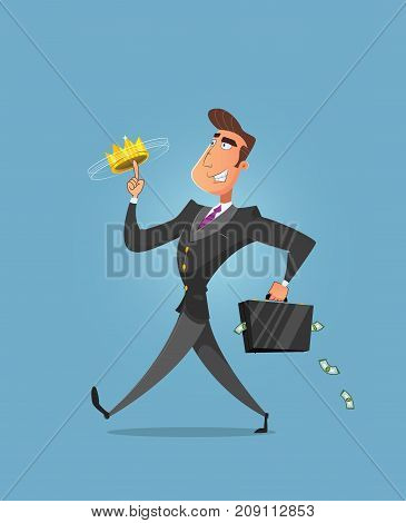 Successful businessman walking and playing with crown on his finger. Rich businessman - vector illustration
