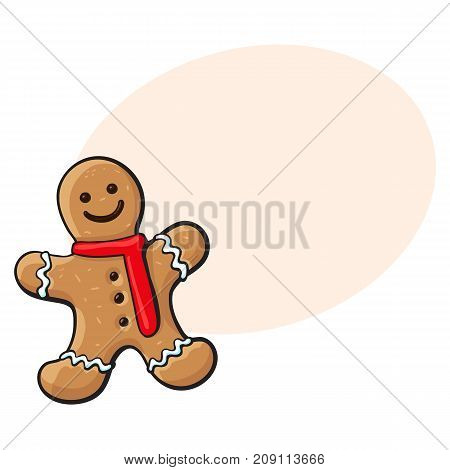 Glazed gingerman-shaped homemade Christmas gingerbread cookie, sketch style vector illustration isolated on white background. Christmas glazed gingerbread cookie in shape of smiling gingerman