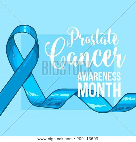 Prostate cancer awareness month banner, poster, template with hand drawn blue ribbon, sketch vector illustration. Hand drawn blue ribbon, prostate cancer awareness month campaign banner, poster, card