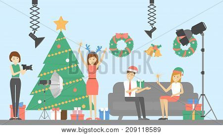In the photostudio. Christmas people making fotoshoot for memory.