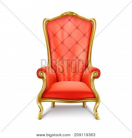 Luxurious antiquarian red armchair with high backrest realistic vector illustration isolated on white background. Gilded royal throne, exclusive old  carved furniture from expensive materials icon
