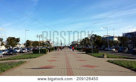 Gdynia, Poland - October 15, 2017: Kosciuszko Square in Gdynia, Poland. People walk on the pedestrian street in the center of 

Gdynia.