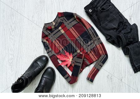 Checkered Top With Sleeves, Jeans Snd Black Shoes. Maple Leaf. Fashionable Concept.
