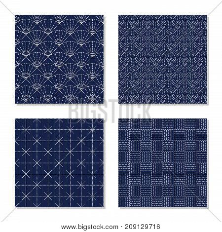 Four simple backgrounds. Japanese sashiko motifs. Seamless patterns. Indigo lines and stitches. Plain abstract textures. For decoration, wallpaper or pattern fills.