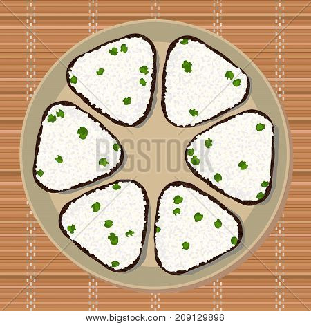 Onigiri with green peas. Triangle rice balls wrapped with nori seaweed. Illustration. Japanese cuisine. Lunch texture. Asian snack plate on the japanese bamboo mat.