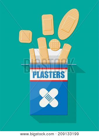 Set of aid medical plaster in various sizes. Plasters in box. Healthcare and pharmacy. Vector illustration in flat style
