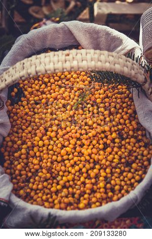 Orange sea buckthorn in a basket in a farmer's market