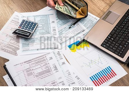 Tax Form, Money, Business Chart, Laptop And Calculator