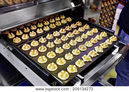The conveyor with cakes in the factory
