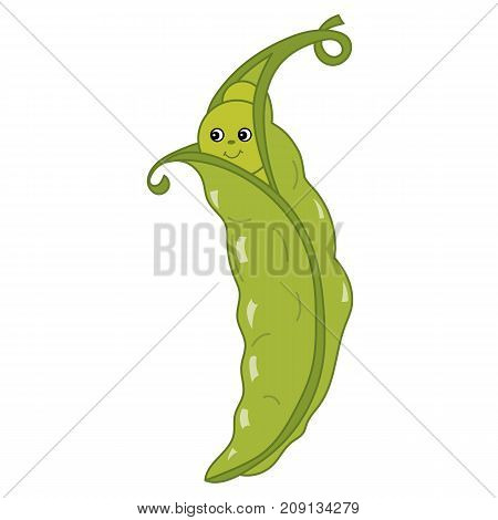 Vector cute cartoon green pea with smiley face. Vector vegetable emoticon. Cartoon peas vector illustration