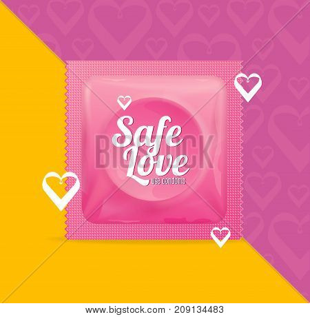 Realistic 3d Detailed Condoms Package Safe Love with Heart Shape Concept Symbol of Romance Couple Contraception Method . Vector illustration