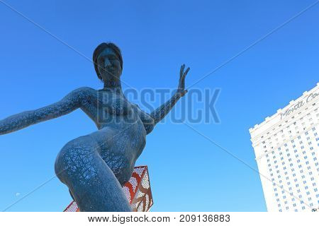 LAS VEGAS - October 07 : The Bliss Dance Sculpture display at the T-Mobile park in Las Vegas on October 07, 2017. The 40-foot-tall sculpture of a dancing woman created by artist Marco Cochrane.