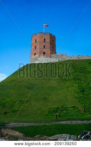 Vilnius Lithuania - August 14 2017: Gediminas' Tower (the first wooden fortifications were built by Gediminas Grand Duke of Lithuania; the first brick castle was completed in 1409 by Grand Duke Vytautas; the three-floor tower was rebuilt in 1930 by Jan Bo