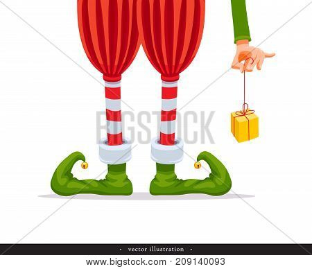 Elf's legs and Elf's hand with a gift. Creative Christmas composition. Humorous xmas collection. Festive background. Vector illustration.