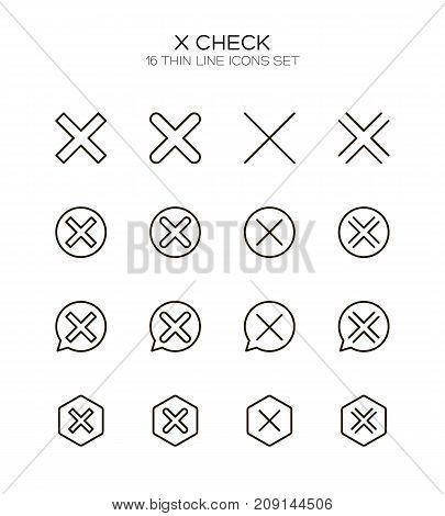 X mark icon set. Collection of high quality outline technology pictograms in modern flat style. Black close symbol for web design and mobile app on white background. Delete line logo.