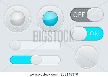 Gray and blue interface elements - button, slider, toggle switch. Vector 3d illustration