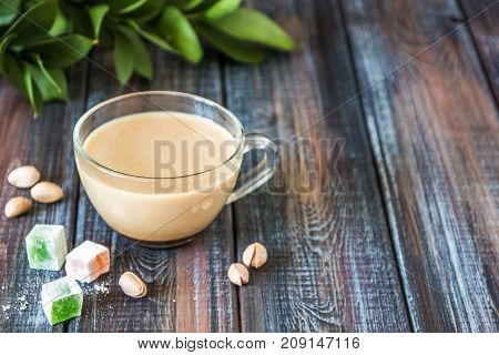 Coffee With Milk, Pistachios And Turkish Delight, Copy Space