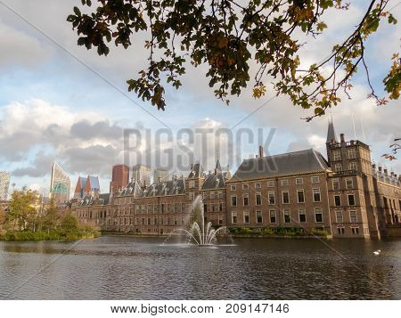 The Hague the Netherlands - 12 October 2017: Historic Binnenhof and buildings of The Hague in background