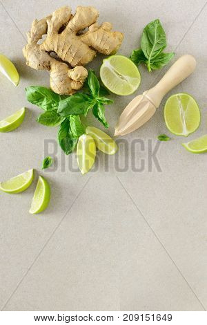 Basil and ginger limeade ingredients overhead view flat lay composition with a space for a text