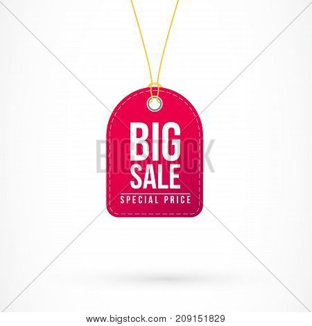 Illustration of red tag with big sale and special price inscription. Sale, discount and retail concept. Design element for banners, posters, leaflets and brochures.