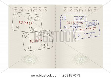 Passport pages with international stamps. Vector 3d illustration isolated on white background