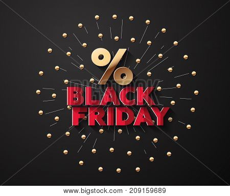 Vector Background For Black Friday With Salute and Percent Symbol. In golden execution.
