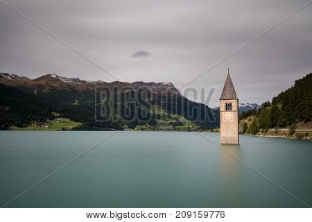 Submerged church at Lake Reschen South Tyrol Italy