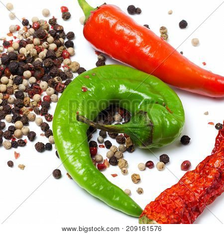 Various Of Hot Peppers On White