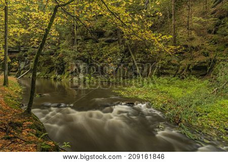 Chribska Kamenice river in national park Ceske Svycarsko in autumn morning
